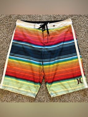 Hurley 36” Waist Board Shorts 12” Inseam High Visibility Rainbow Stripes Swim